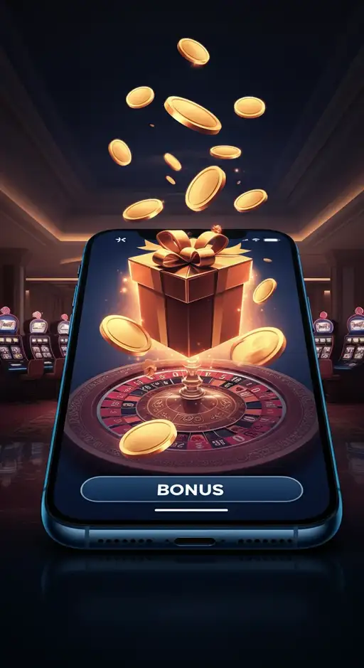Joueur sur Spinfin Casino consultant son solde de bonus et ses 'Coins' accumulés sur une interface mobile lumineuse
